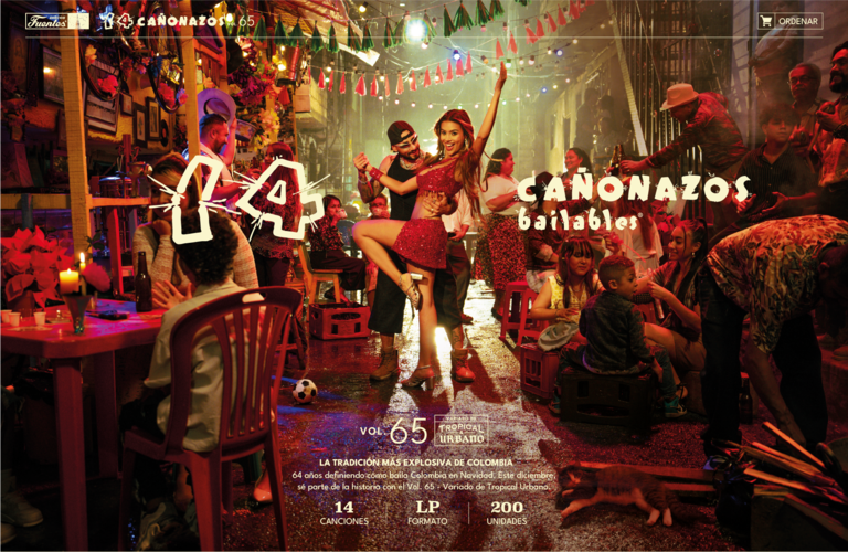 El volumen 65 de Los 14 Cañonazos Bailables mezcla ritmos tropicales y urbanos en una portada que evoca la alegría y el espíritu festivo de las calles colombianas.