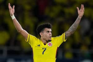 Colombia's Luis Diaz celebrates scoring his side's second goal against Brazil during a qualifying soccer match for the FIFA World Cup 2026 at Roberto Melendez stadium in Barranquilla, Colombia, Thursday, Nov. 16, 2023. (AP Photo/Ricardo Mazalan)