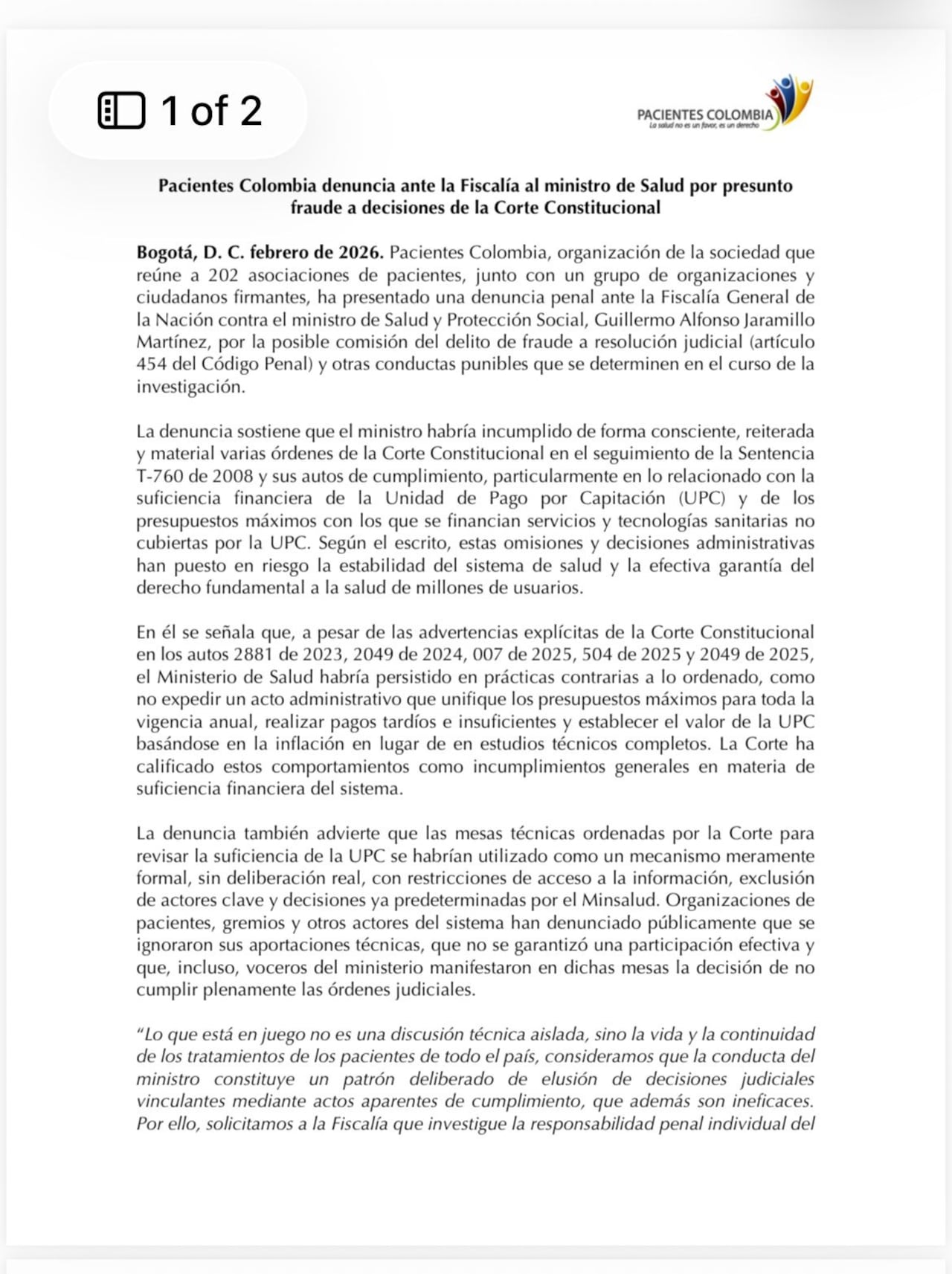 Comunicado Pacientes Colombia