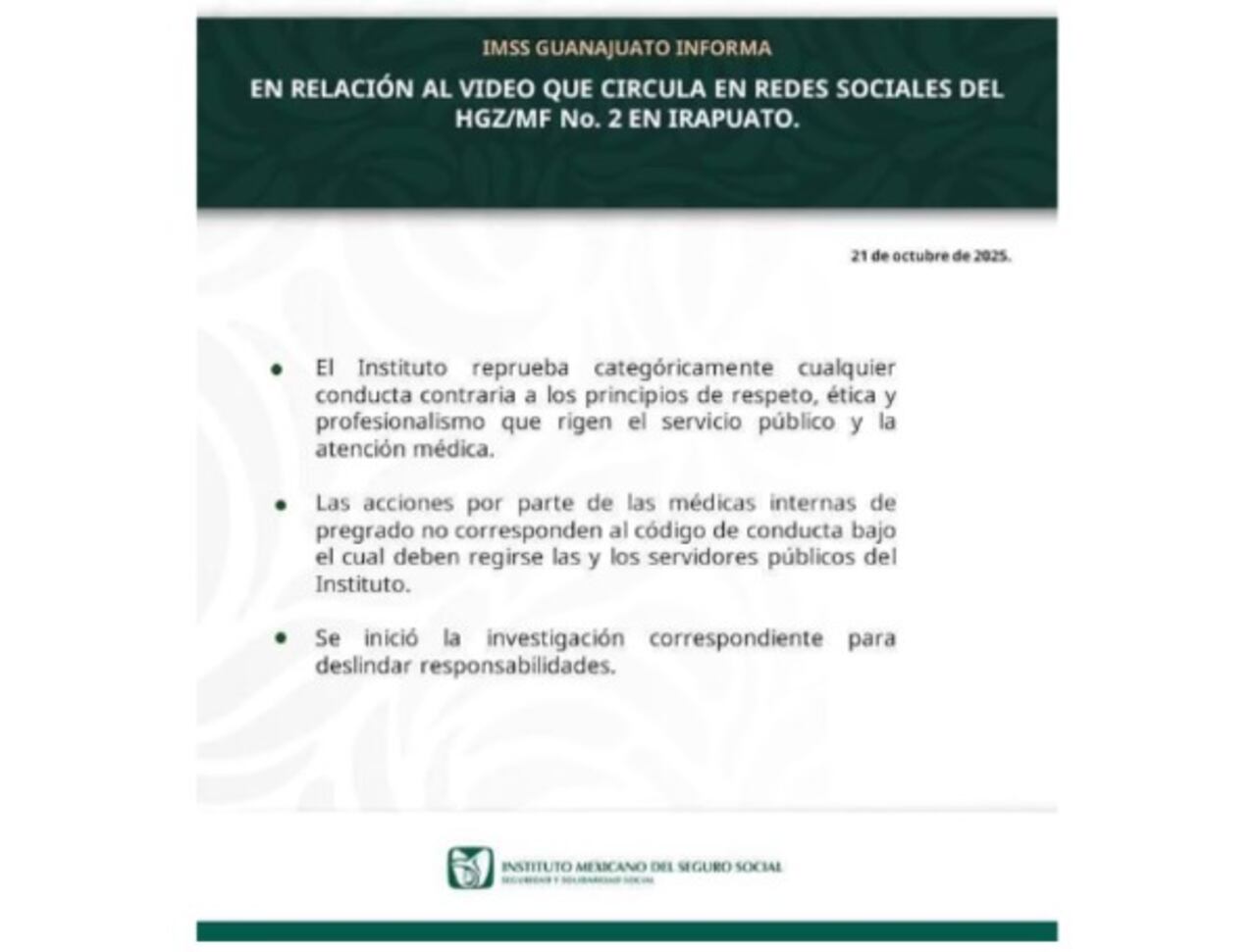 Este fue el comunicado del Instituto.