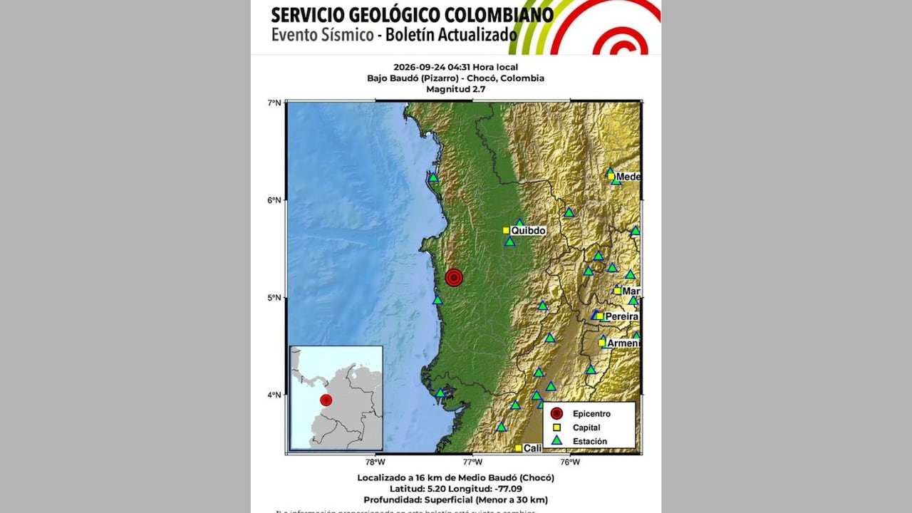 Bajo Baudó, Chocó, fue el lugar donde el Servicio Geológico Colombiano registró el movimiento telúrico de magnitud 2,7 durante la madrugada.