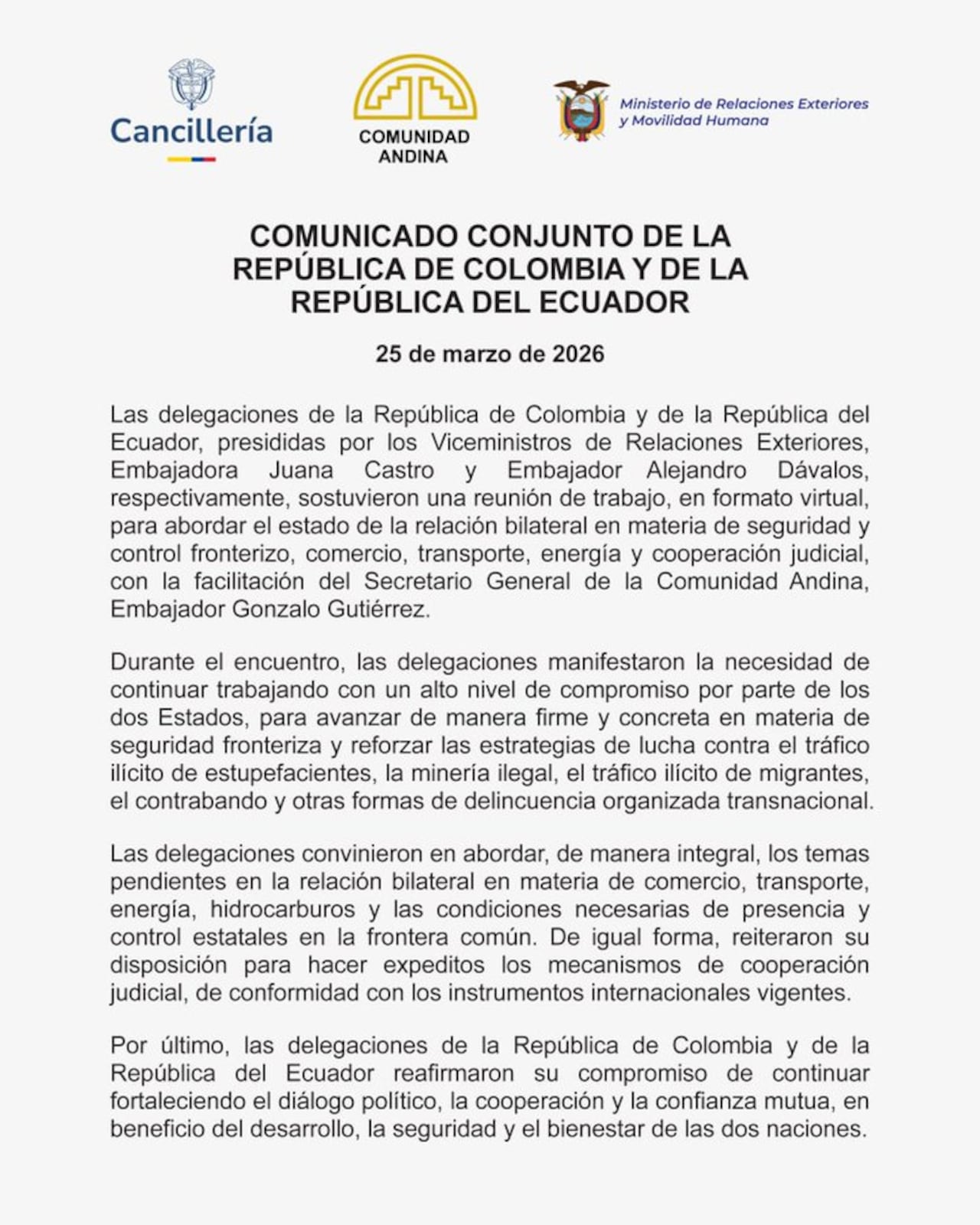 Tras aplazamiento en Lima, delegaciones de Colombia y Ecuador avanzan en diálogo virtual