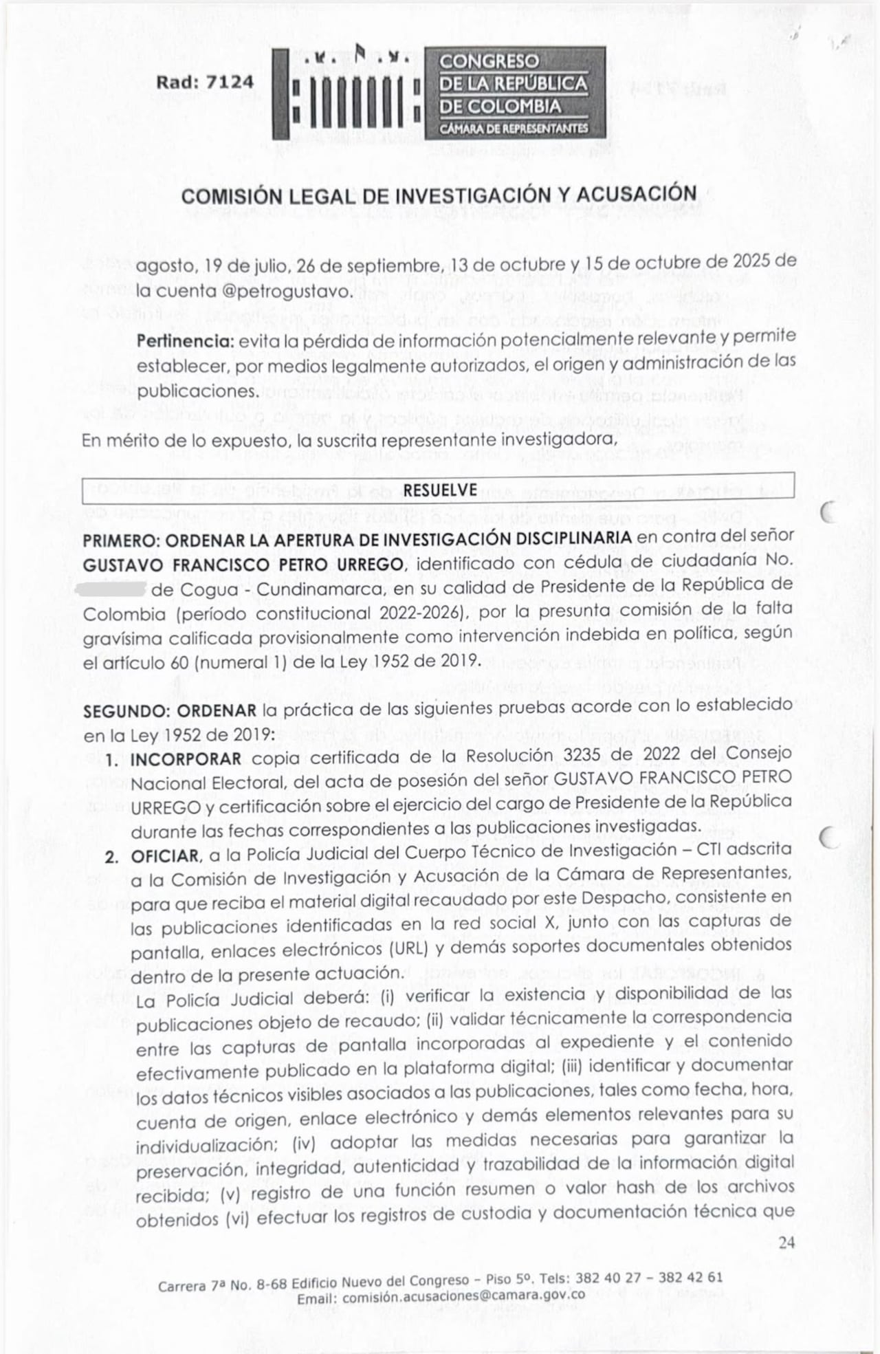 Este es el documento emitido para ordenar la apertura de la investigación.