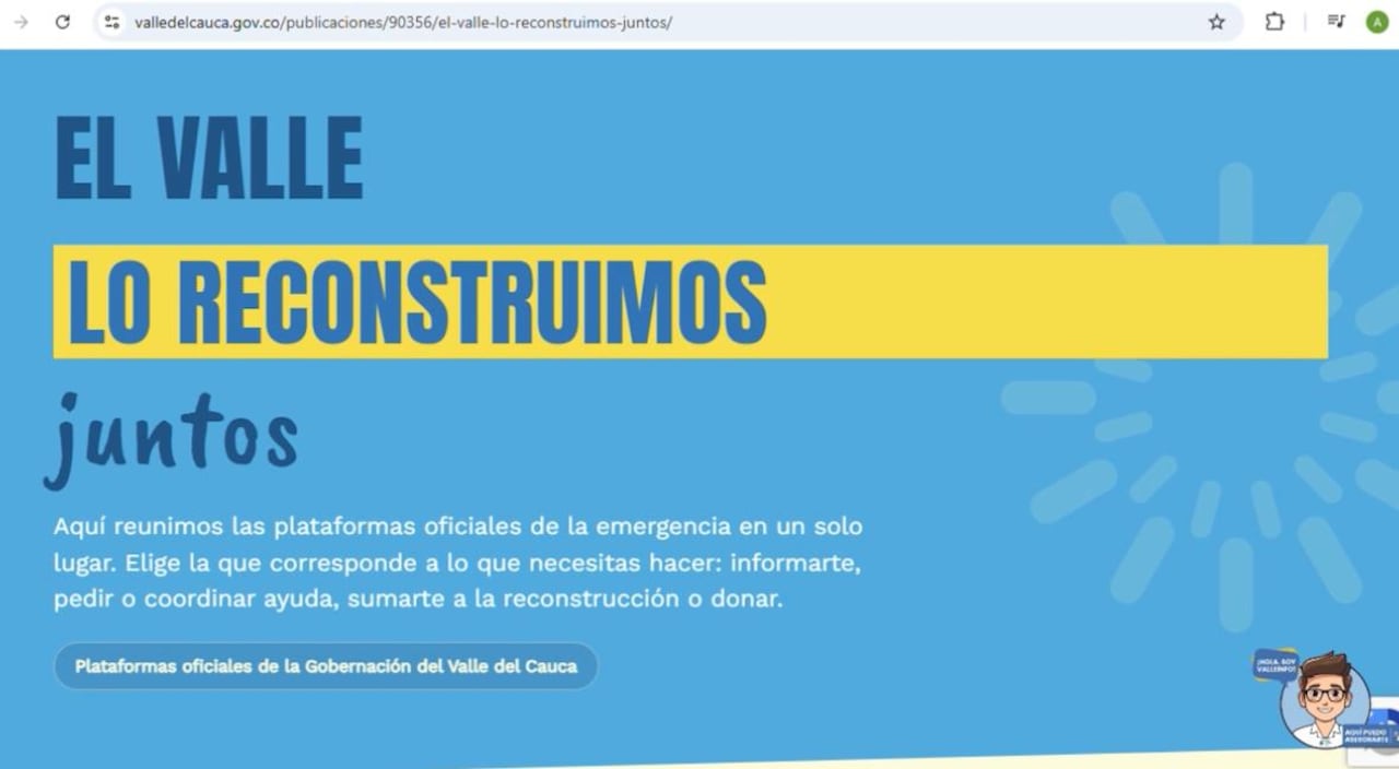 Interfaz del portal web 'El Valle Lo Reconstruimos Juntos', desarrollado por la Gobernación para consultar el estado de la reconstrucción tras el sismo.