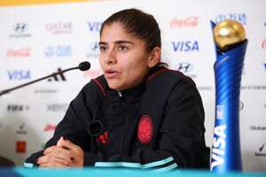 MELBOURNE, AUSTRALIA - AUGUST 08: Catalina Usme of Colombia speaks to the media in the post match press conference following the FIFA Women's World Cup Australia & New Zealand 2023 Round of 16 match between Colombia and Jamaica at Melbourne Rectangular Stadium on August 08, 2023 in Melbourne / Naarm, Australia. (Photo by Alex Grimm - FIFA/FIFA via Getty Images)
