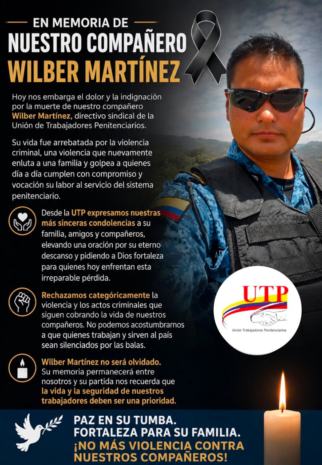 El sindicato de trabajadores penitenciarios pidió medidas de seguridad para proteger a los funcionarios del Inpec tras el asesinato de Wilber Martínez.