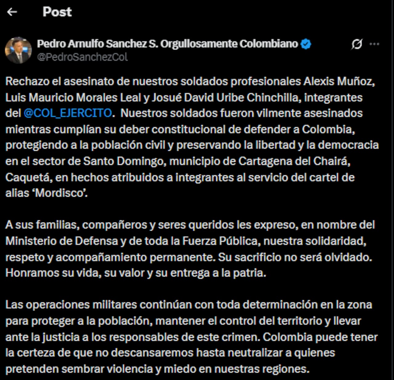 El Ministerio de Defensa se pronunció sobre el asesinato de tres soldados profesionales del Ejército Nacional.