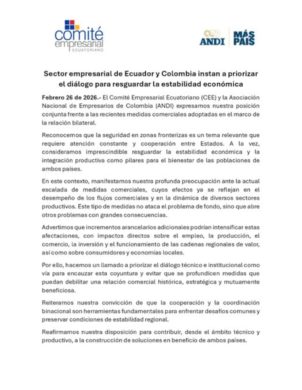 Sector empresarial de Ecuador y Colombia instan a priorizar el diálogo para resguardar la estabilidad económica