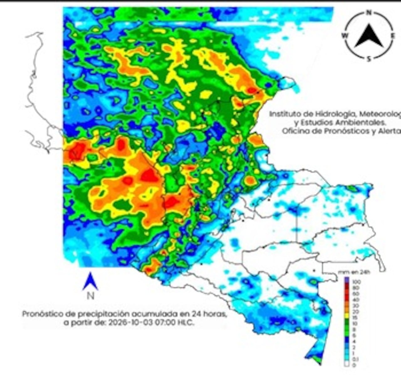 Mapa del clima para el domigno 4 de octubre en Colombia.