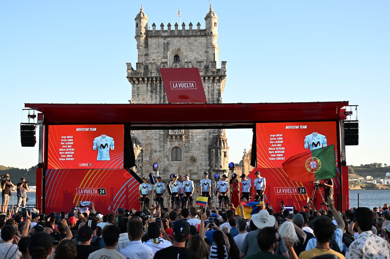 LISBON, PORTUGAL - AUGUST 15: Nairo Quintana of Colombia, Enric Mas of Spain, Pelayo Sanchez of Spain, Einer Rubio of Colombia, Oier Lazkano of Spain, Carlos Canal of Spain, Jorge Arcas of Spain, Nelson Oliveira of Portugal and Team Movistar during the team presentation at the Torre de Belem prior to the 79th La Vuelta Ciclista a Espana 2024 / #UCIWT / on August 15, 2024 in Lisbon, Portugal. (Photo by Tim de Waele/Getty Images)