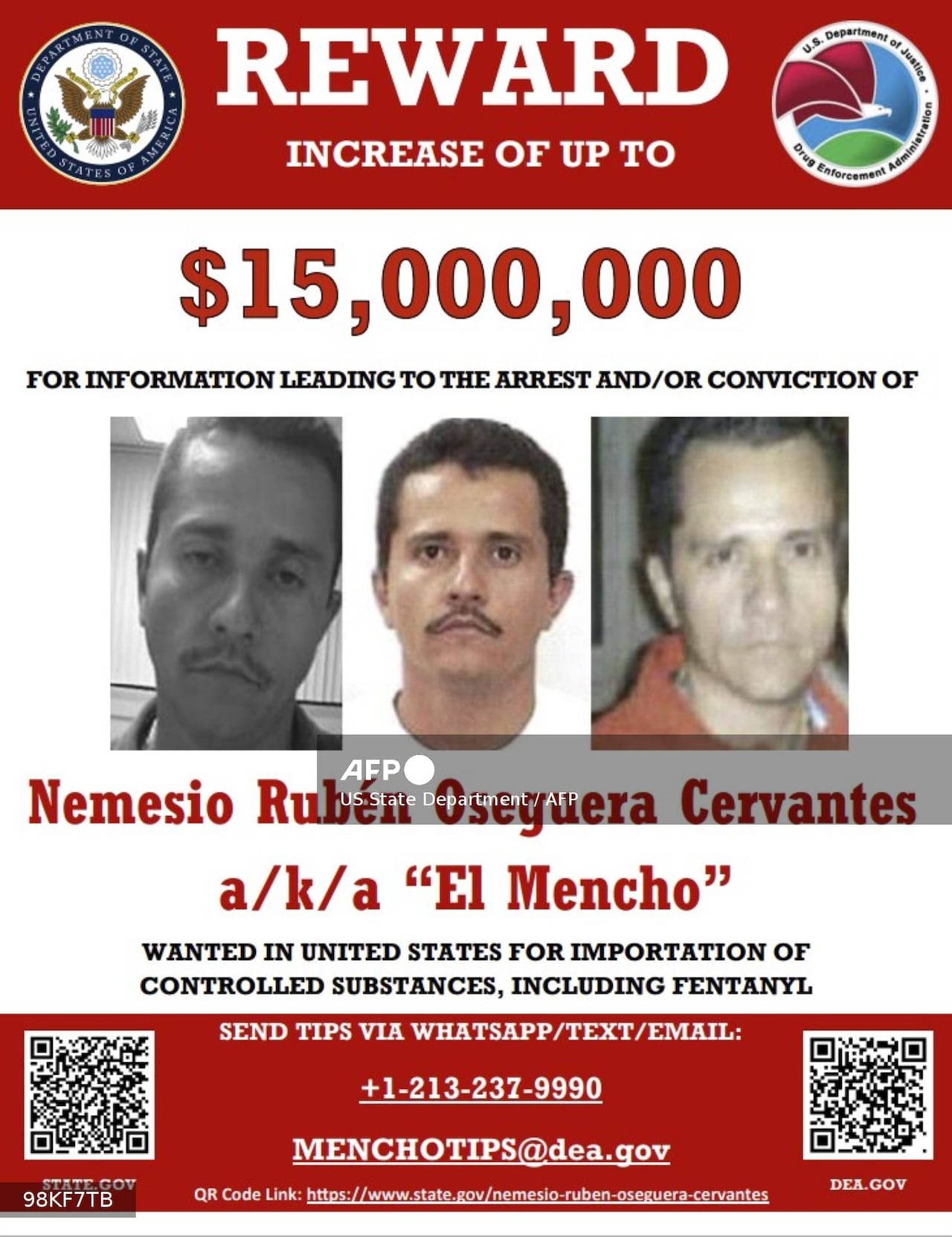 Nemesio 'El Mencho' Oseguera tenía una recompensa de hasta 15 millones de dólares.