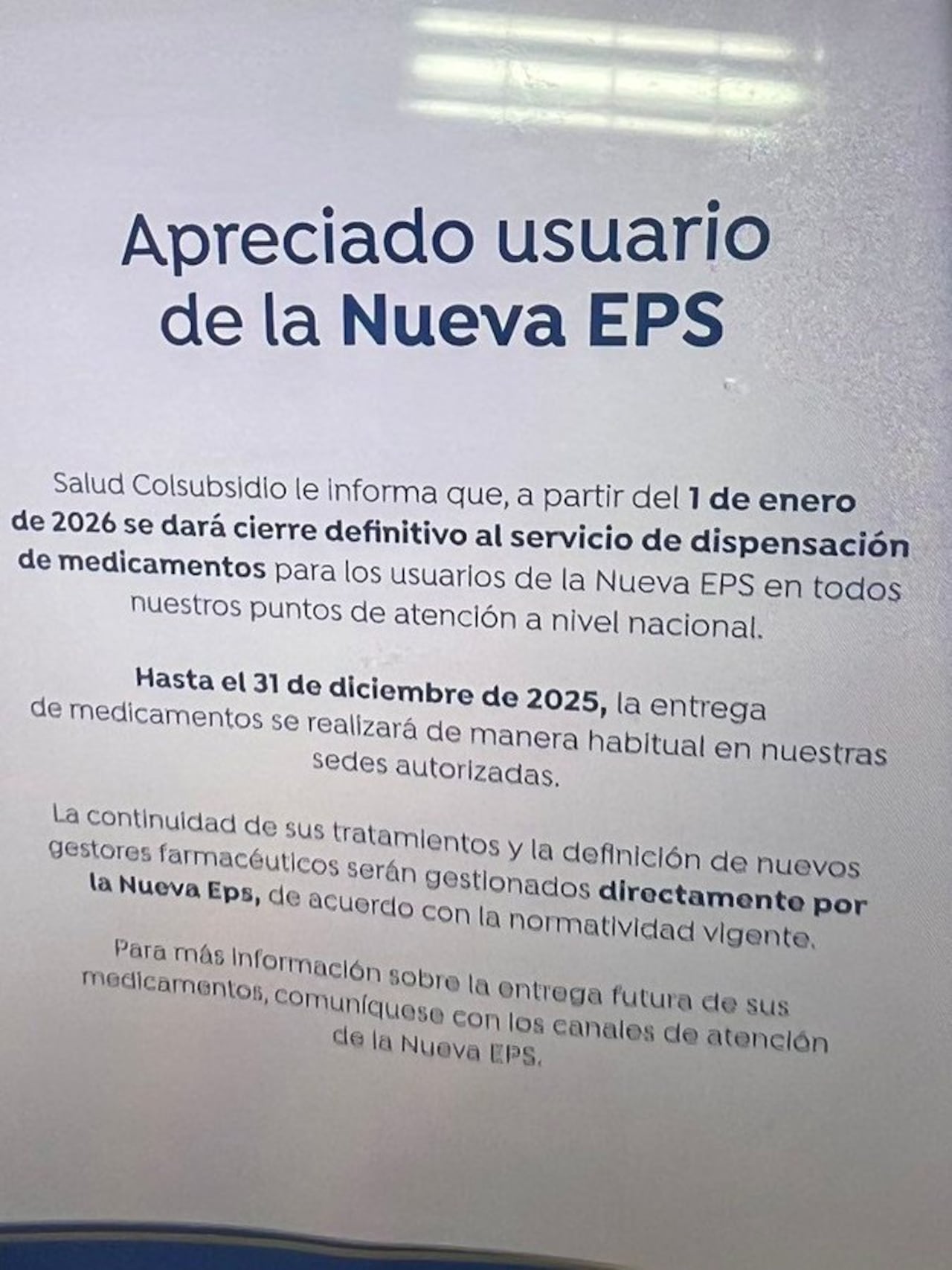 Salud Colsubsidio dejará de entregar medicamentos a usuarios de la Nueva EPS.