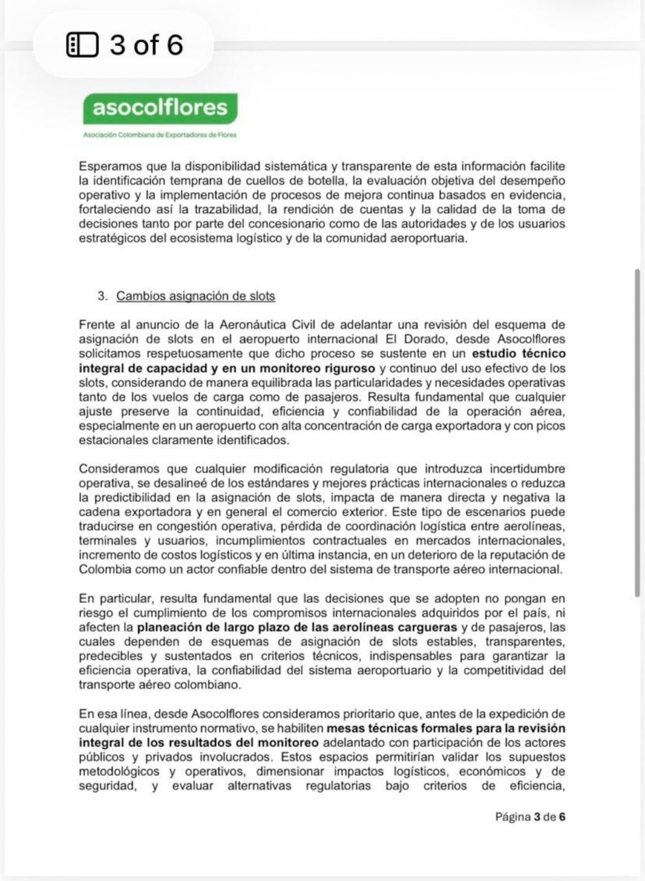Comunicado de Asocolflores frente a cambio en slots del aeropuerto El Dorado