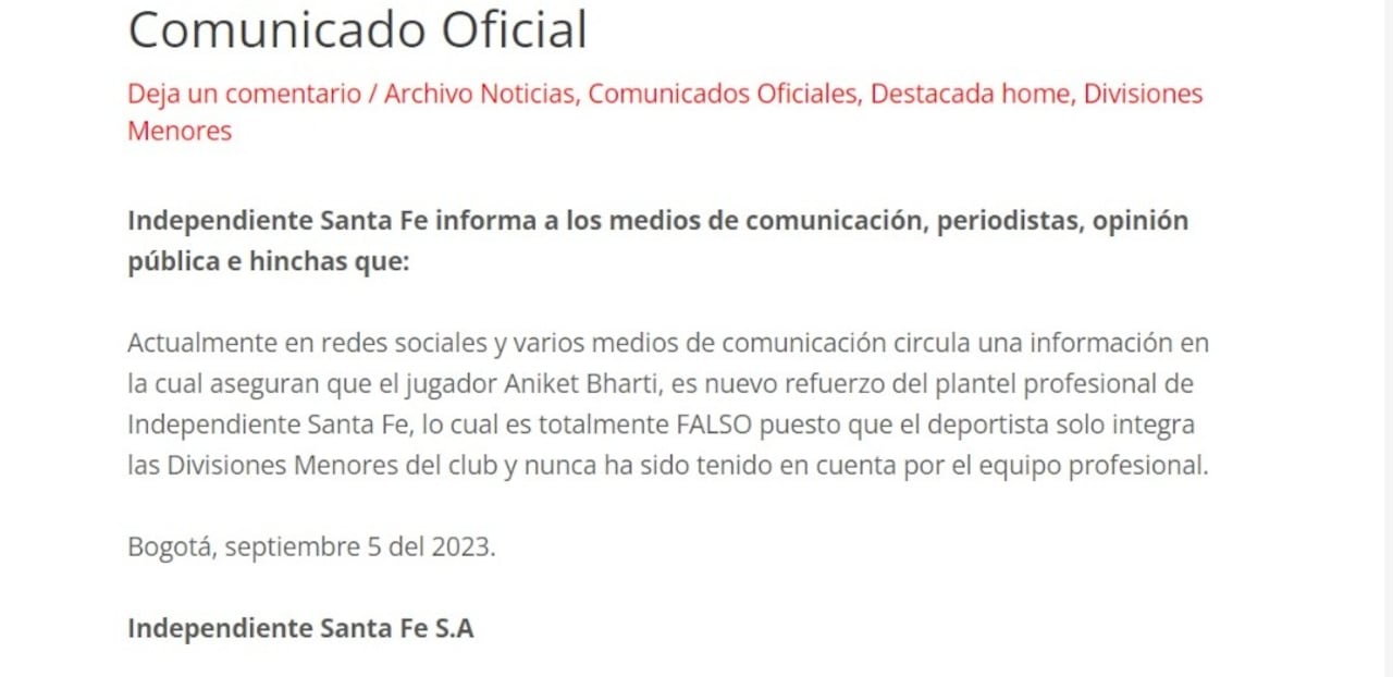 Comunicado donde Santa Fe aclara que Aniket Bharti no pertenece al primer equipo del club.