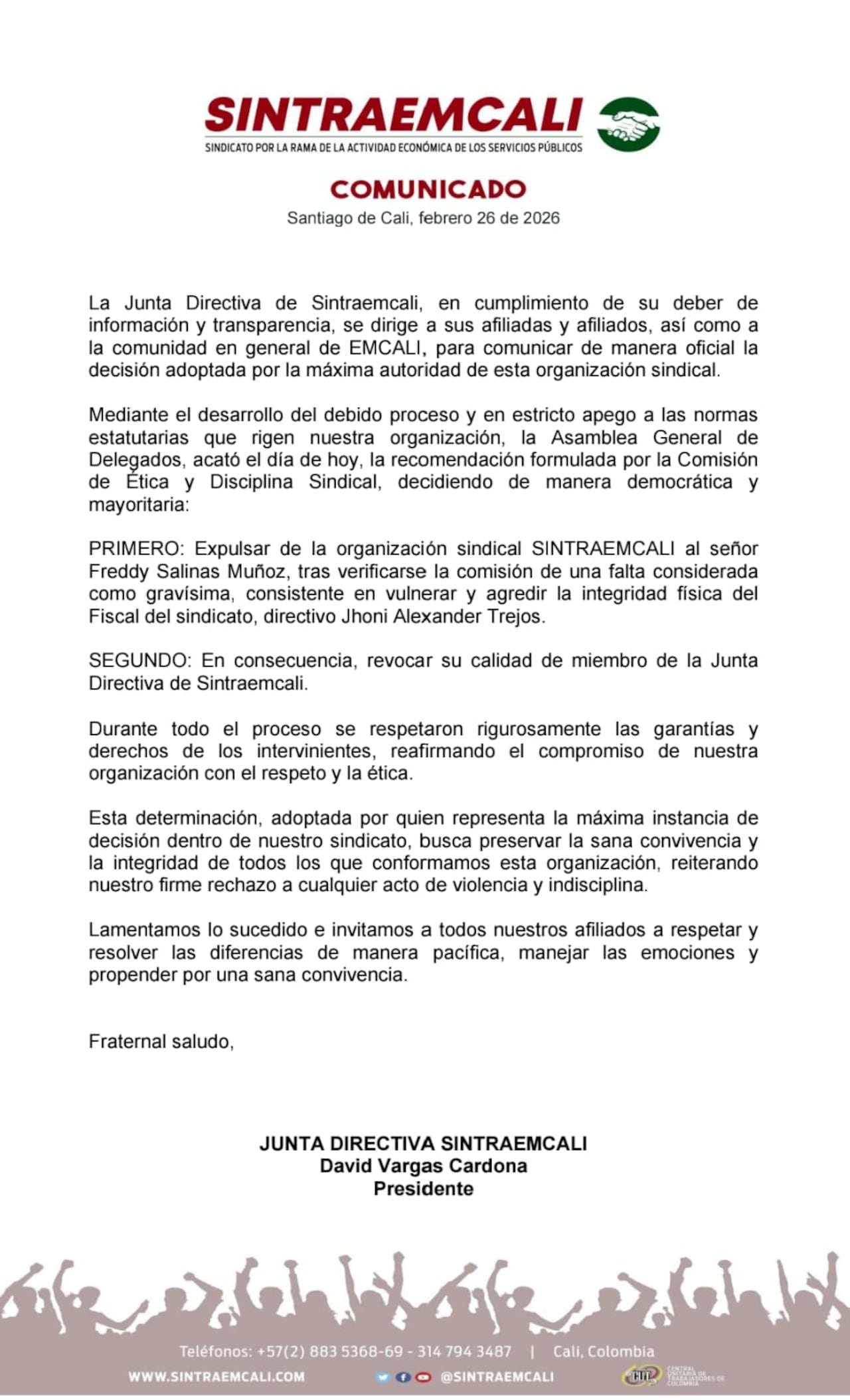 Comunicado de Sintraemcali