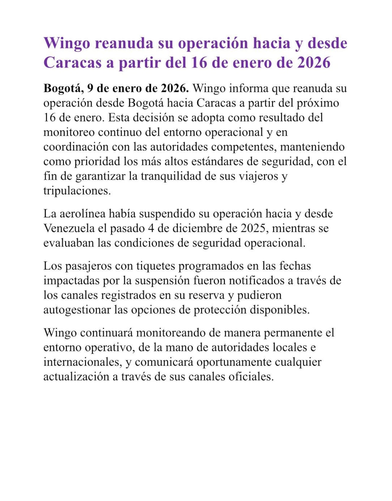 El anuncio de Wingo se suma a una tendencia más amplia de reactivación aérea.