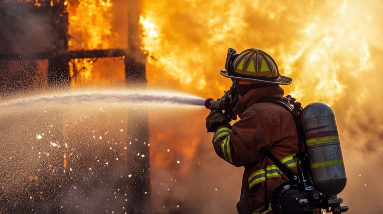 Bomberos de Cali durante las labores de extinción en una vivienda abandonada del barrio Villacolombia, donde el fuego consumió el 80% del segundo piso.