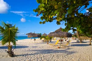 Hermosa playa con palapas y palmeras, Eagle Beach, Aruba.