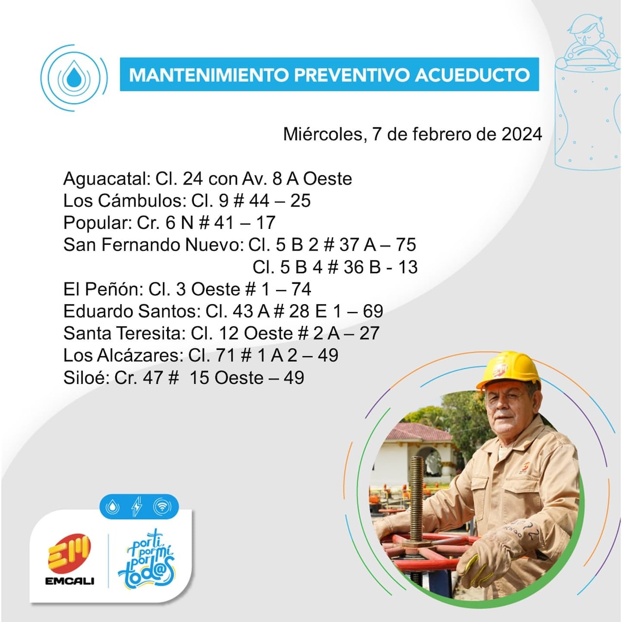 Varios barrios de Cali no contarán con el servicio de acueducto este miércoles 7 de febrero.