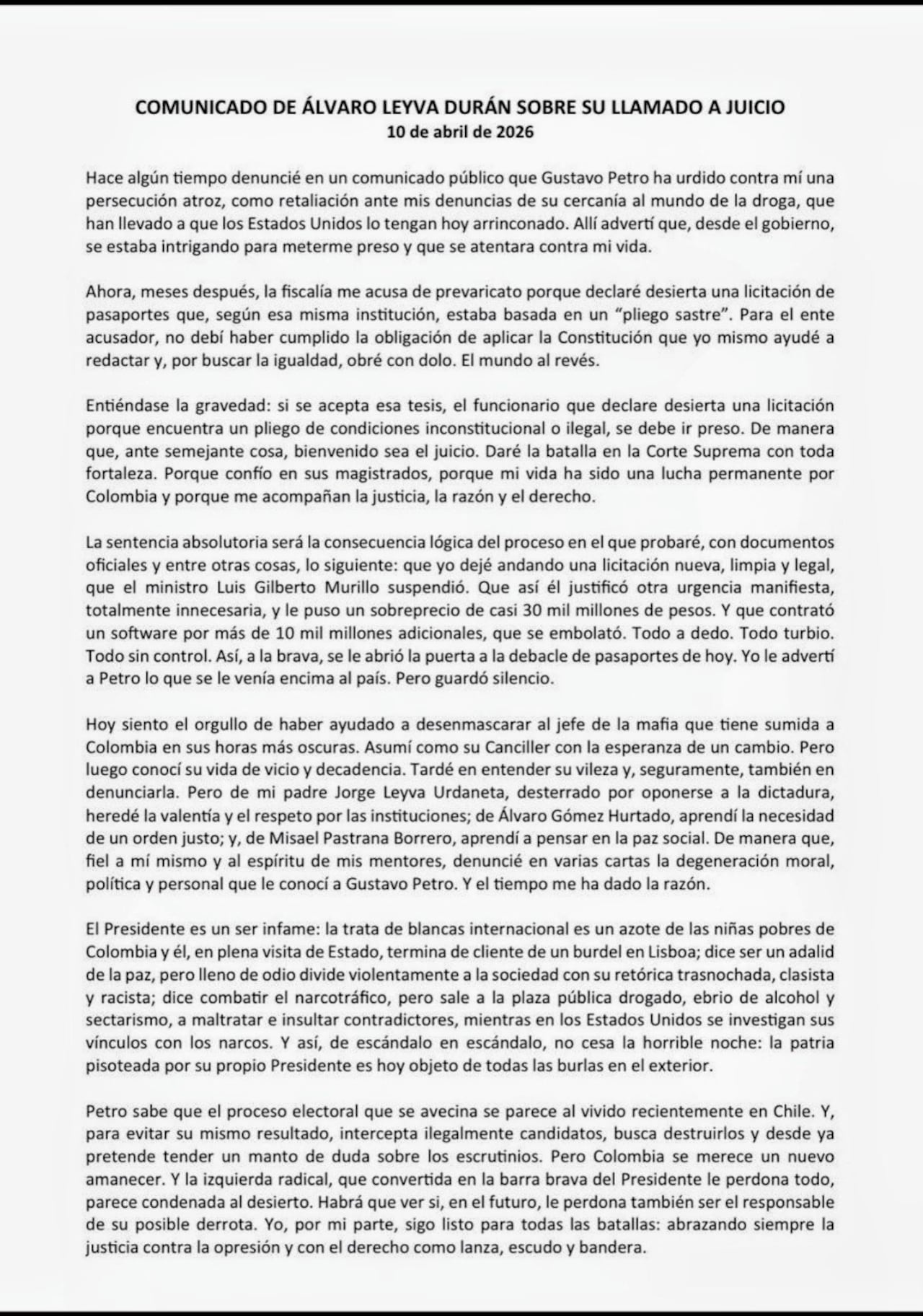 Álvaro Leyva enfrenta proceso judicial y lanza fuertes señalamientos