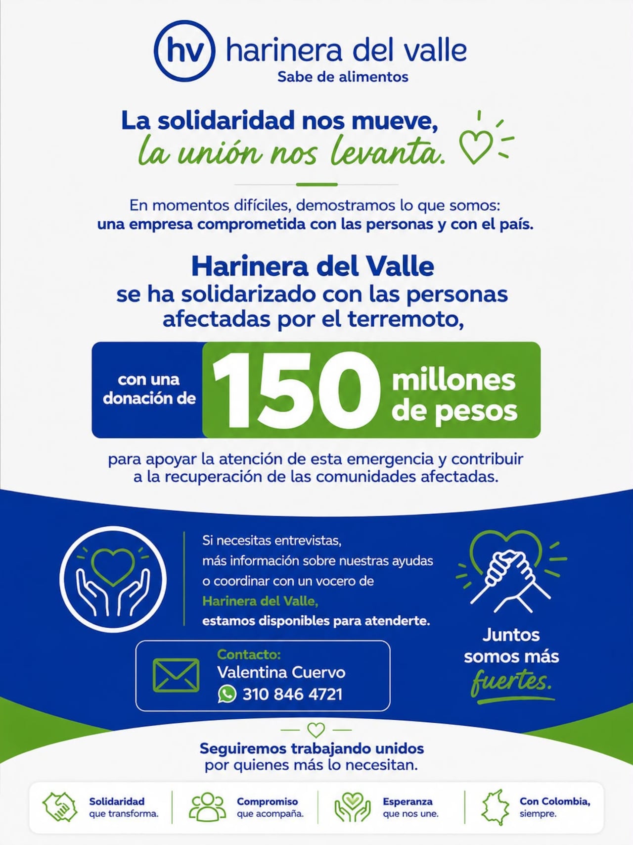 La empresa Harinera del Valle anunció donación para las personas afectadas.