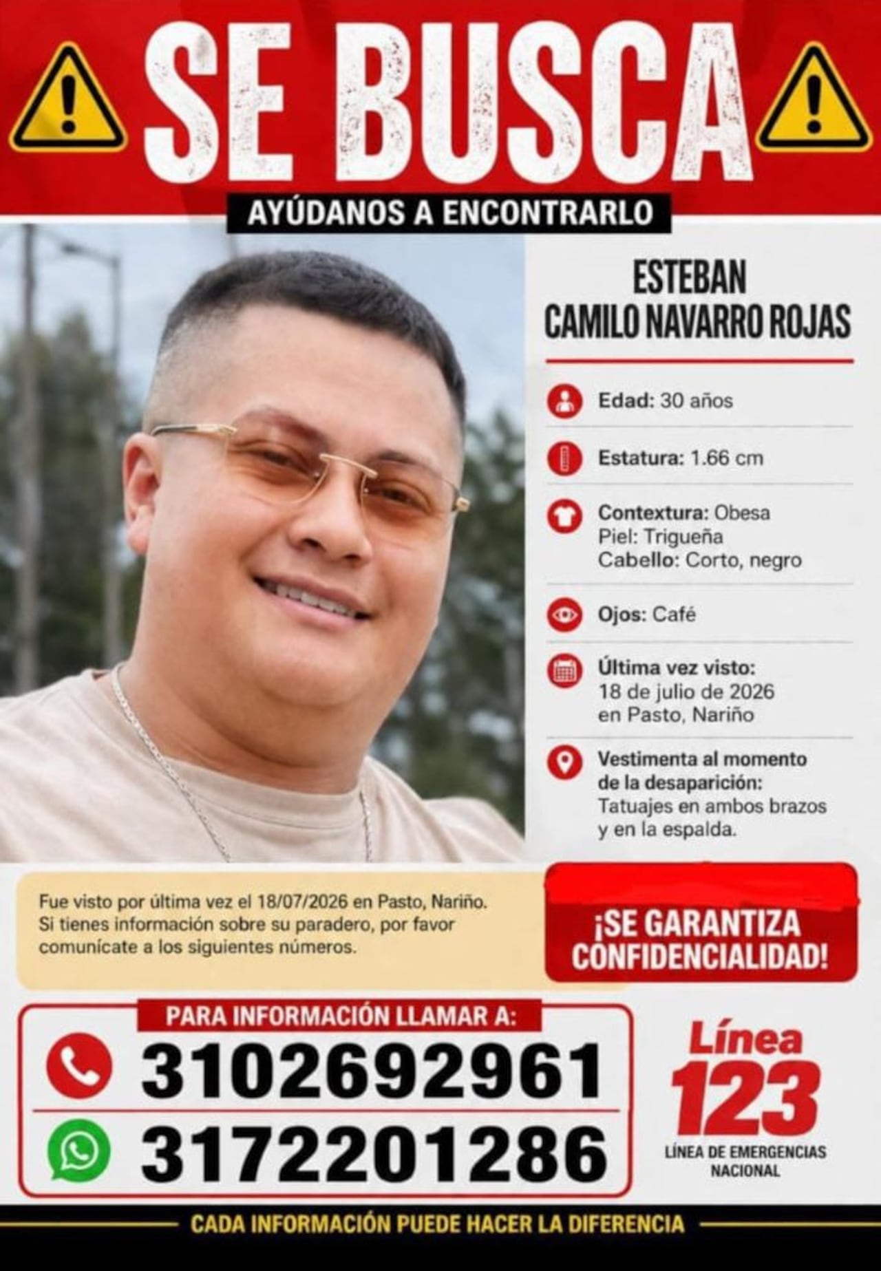 Los familiares comparte esta imágen con la esperanza de ubicar en el menor tiempo posible a Esteban Camilo Navarro.