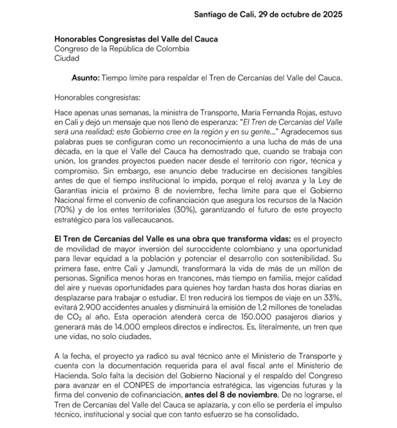 Imagen de un fragmento de la carta que enviaron los gremios del Valle del Cauca al Congreso de la República de Colombia, sobre petición del Tren de Cercanías.