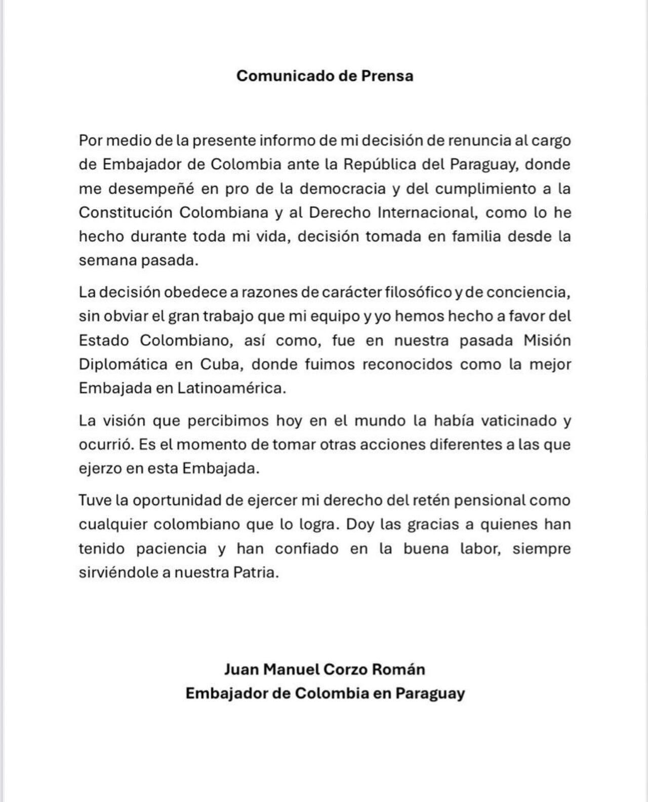 Carta de renuncia de Juan Manuel Corzo al cargo de embajador de Colombia en Paraguay.