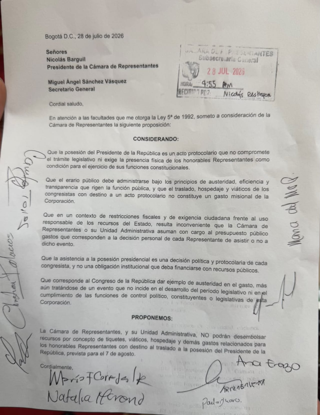 Congresistas del Pacto Histórico proponen que la Cámara no financie asistencia a la posesión presidencial