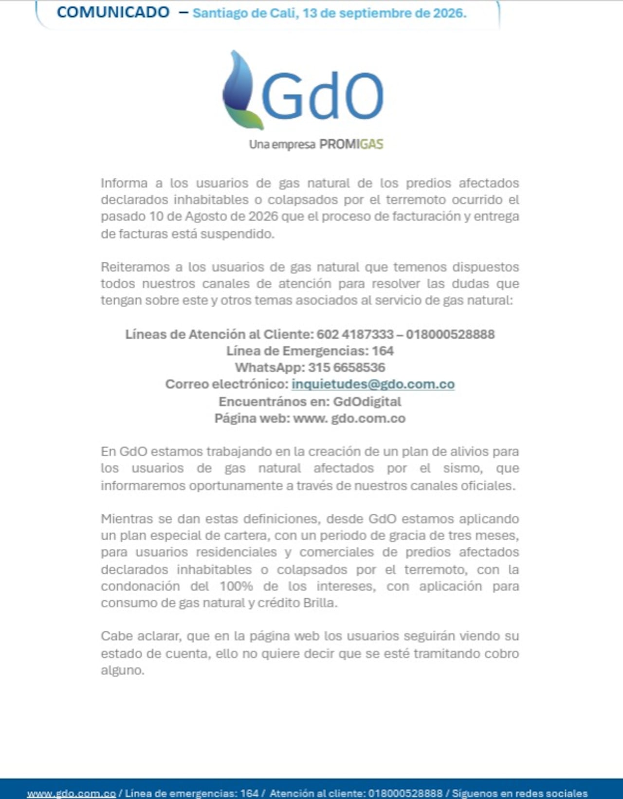 Gases de Occidente toma acciones ante los predios afectados declarados inhabitables o colapsados.