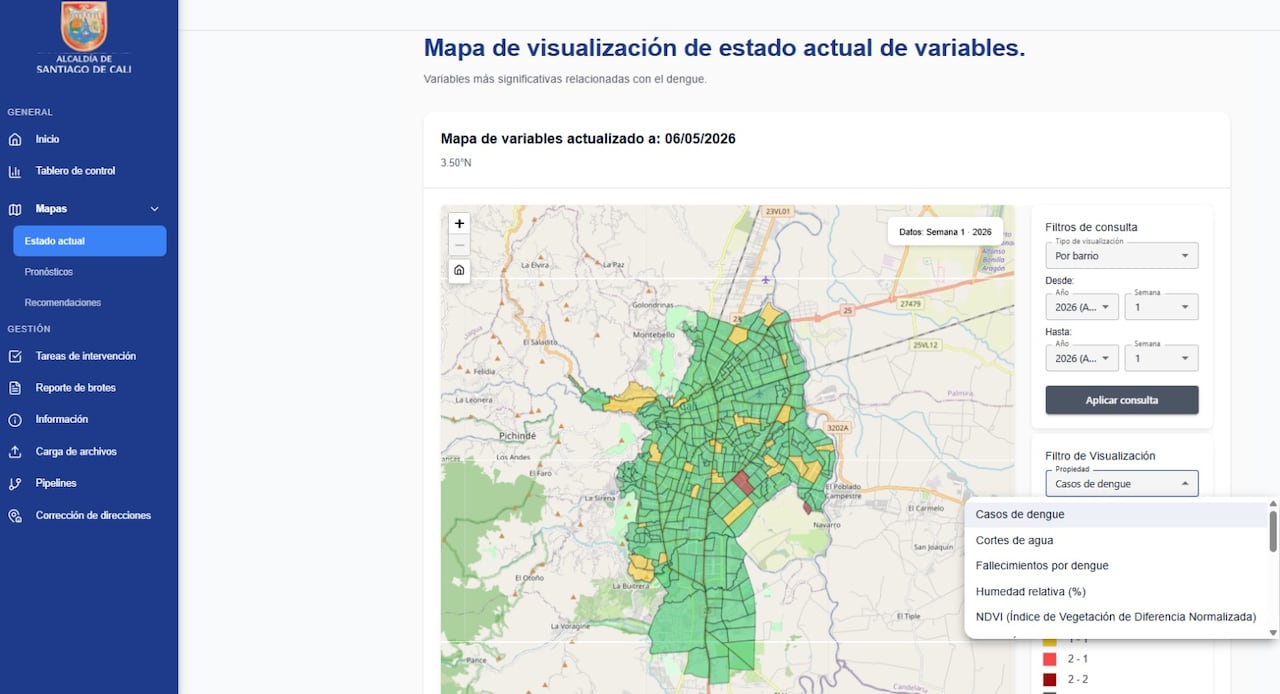 El mapa de estado actual permite navegar historicamente, hasta la actualidad, sobre los diferentes factores que influyen en el dengue: clima, ambiente y aspectos sociodemográficos, entre otros.