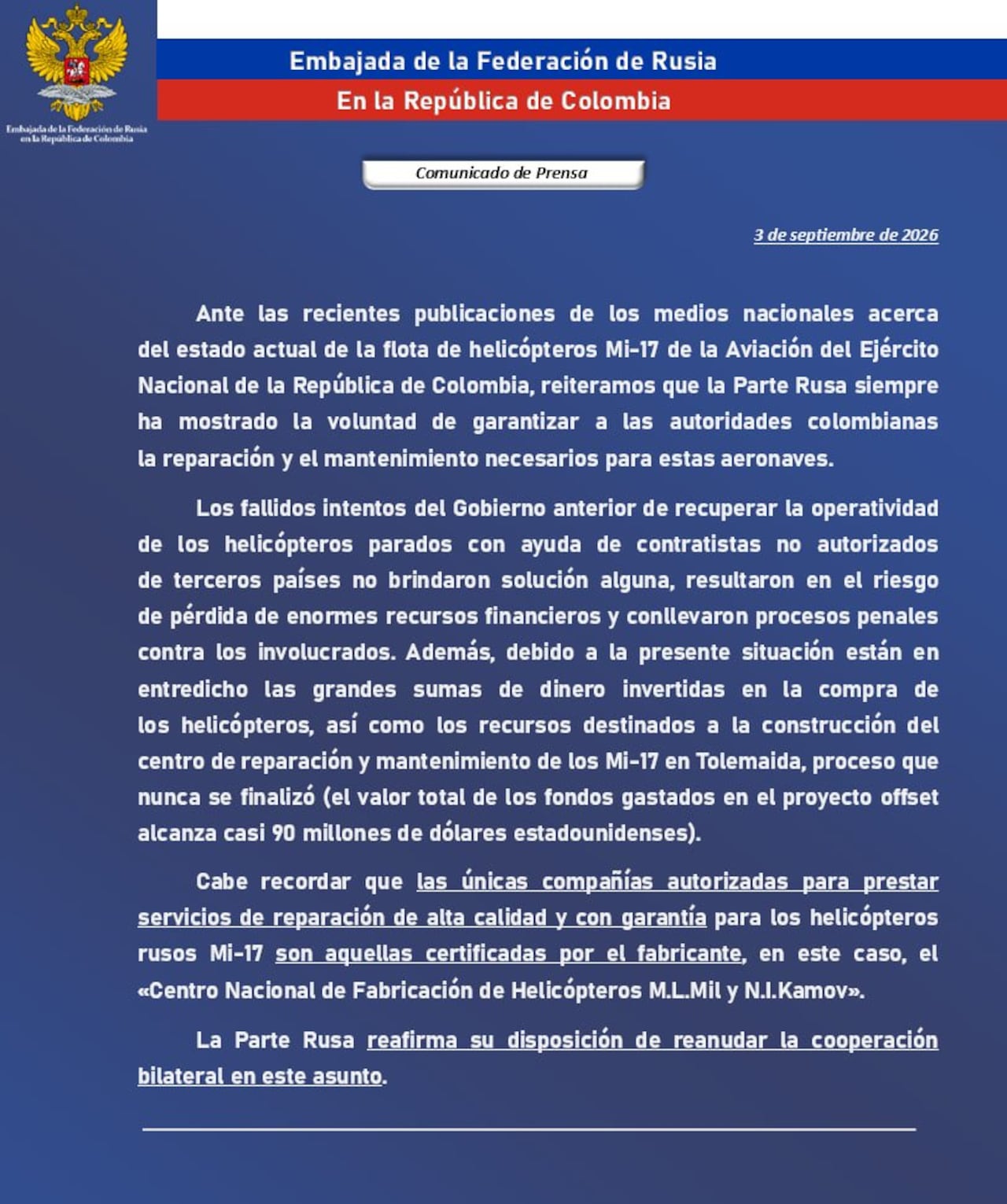 Este es el comunicado que la Embajada de Rusia en Colombia publicó por medio de sus redes sociales.