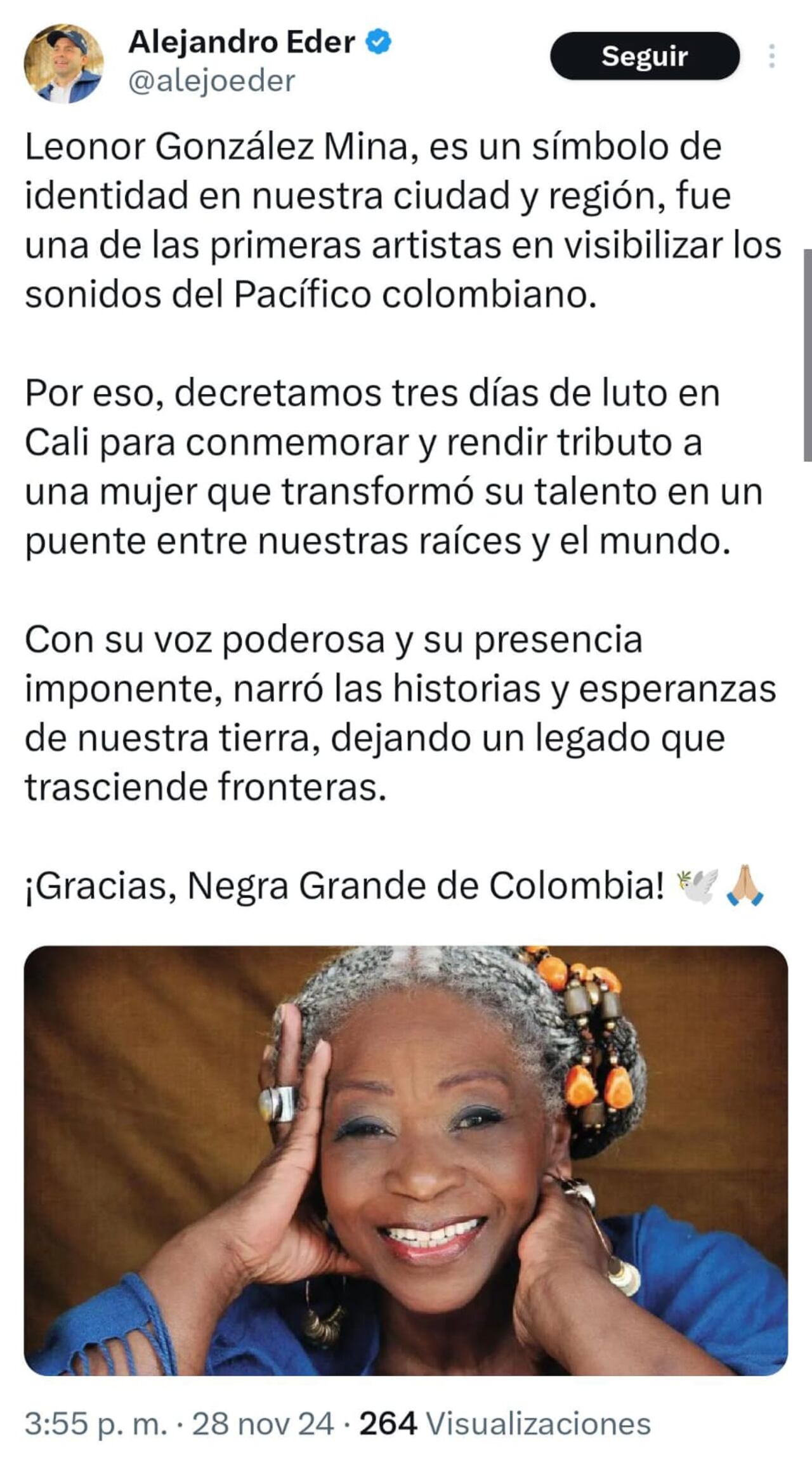 Este fue el mensaje que le dedicó el alcalde de Cali, Alejandro Eder, a Leonor González Mina.