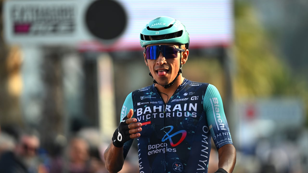 LAIGUEGLIA, ITALY - MARCH 04: Santiago Buitrago of Colombia and Team Bahrain - Victorious celebrates at finish line as race winner during the 63rd Trofeo Laigueglia 2026 a 192km one day race from Albenga to Laigueglia on March 04, 2026 in ALaigueglia, Italy. (Photo by Tim de Waele/Getty Images)