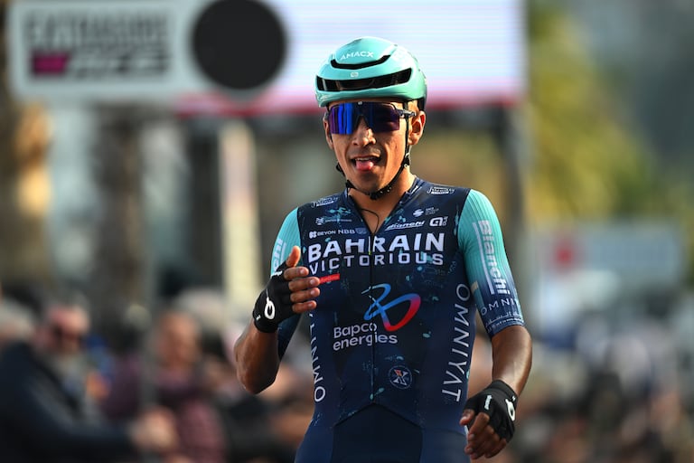 LAIGUEGLIA, ITALY - MARCH 04: Santiago Buitrago of Colombia and Team Bahrain - Victorious celebrates at finish line as race winner during the 63rd Trofeo Laigueglia 2026 a 192km one day race from Albenga to Laigueglia on March 04, 2026 in ALaigueglia, Italy. (Photo by Tim de Waele/Getty Images)