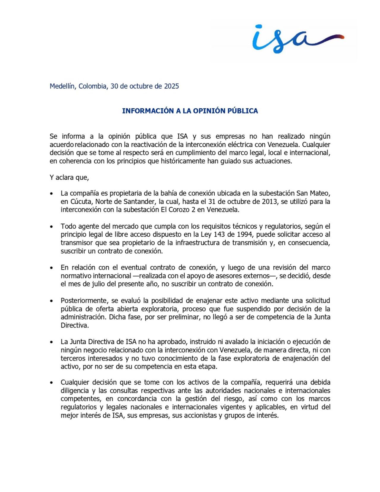 En un comunicado, la empresa señaló .