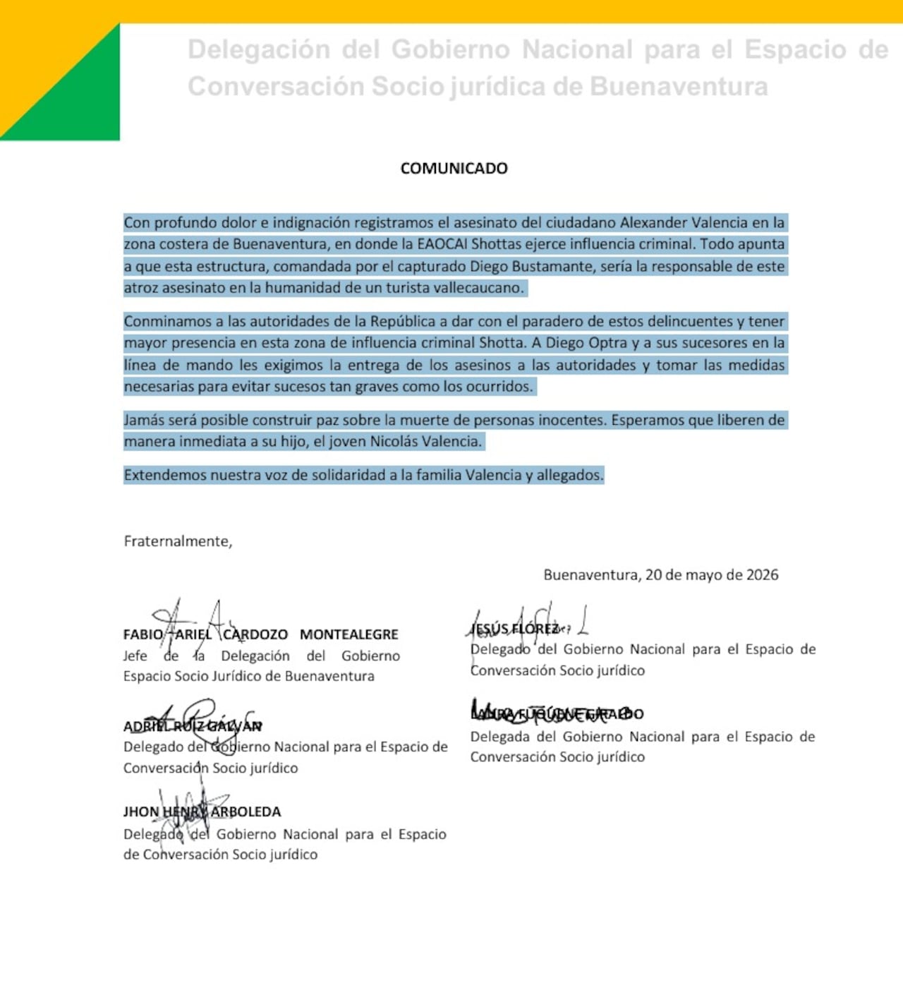 Delegación del Gobierno Nacional para el Espacio de
Conversación Socio jurídica de Buenaventura