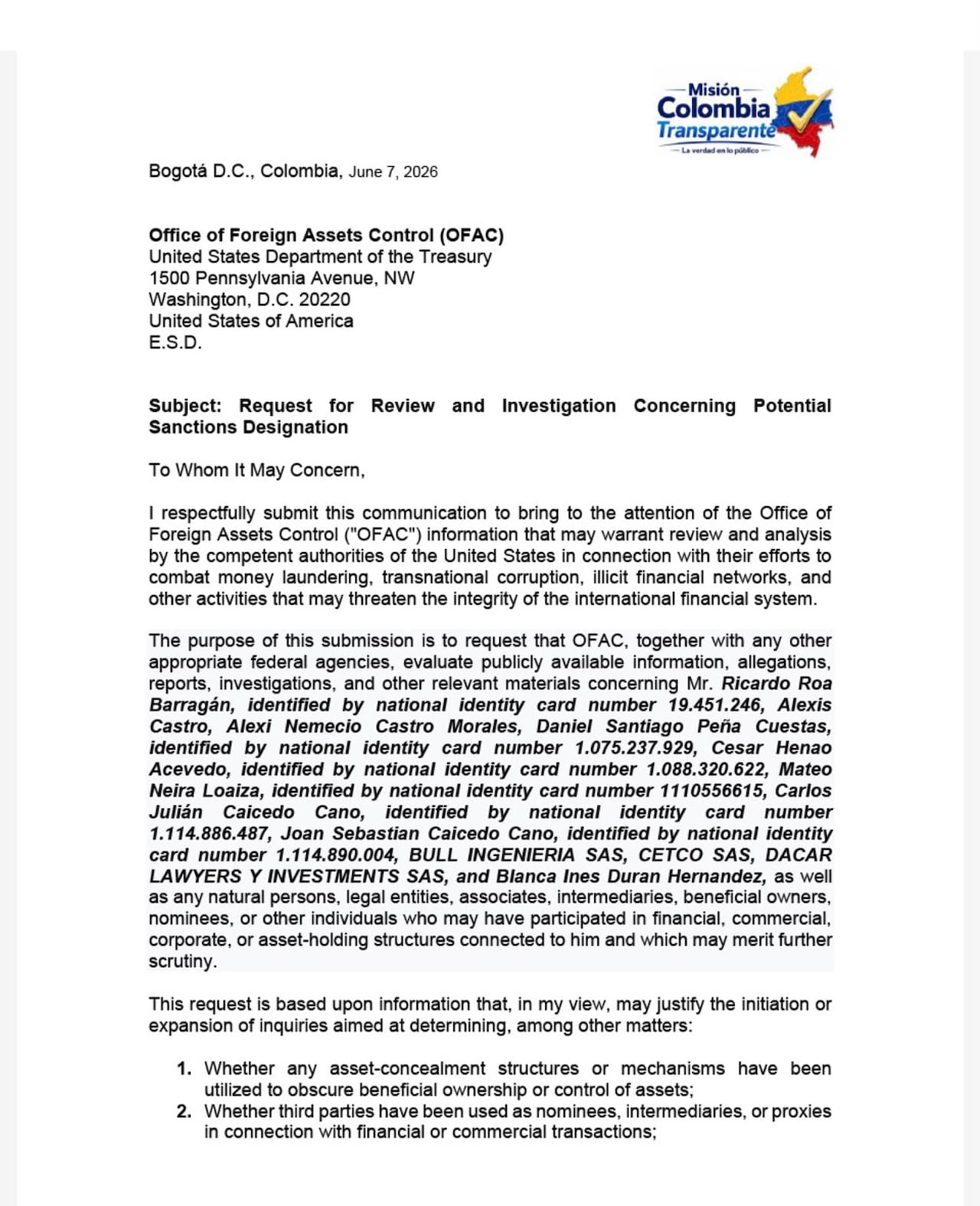 Este es el documento en contra de Ricardo Roa, hoy en manos de EE.UU.