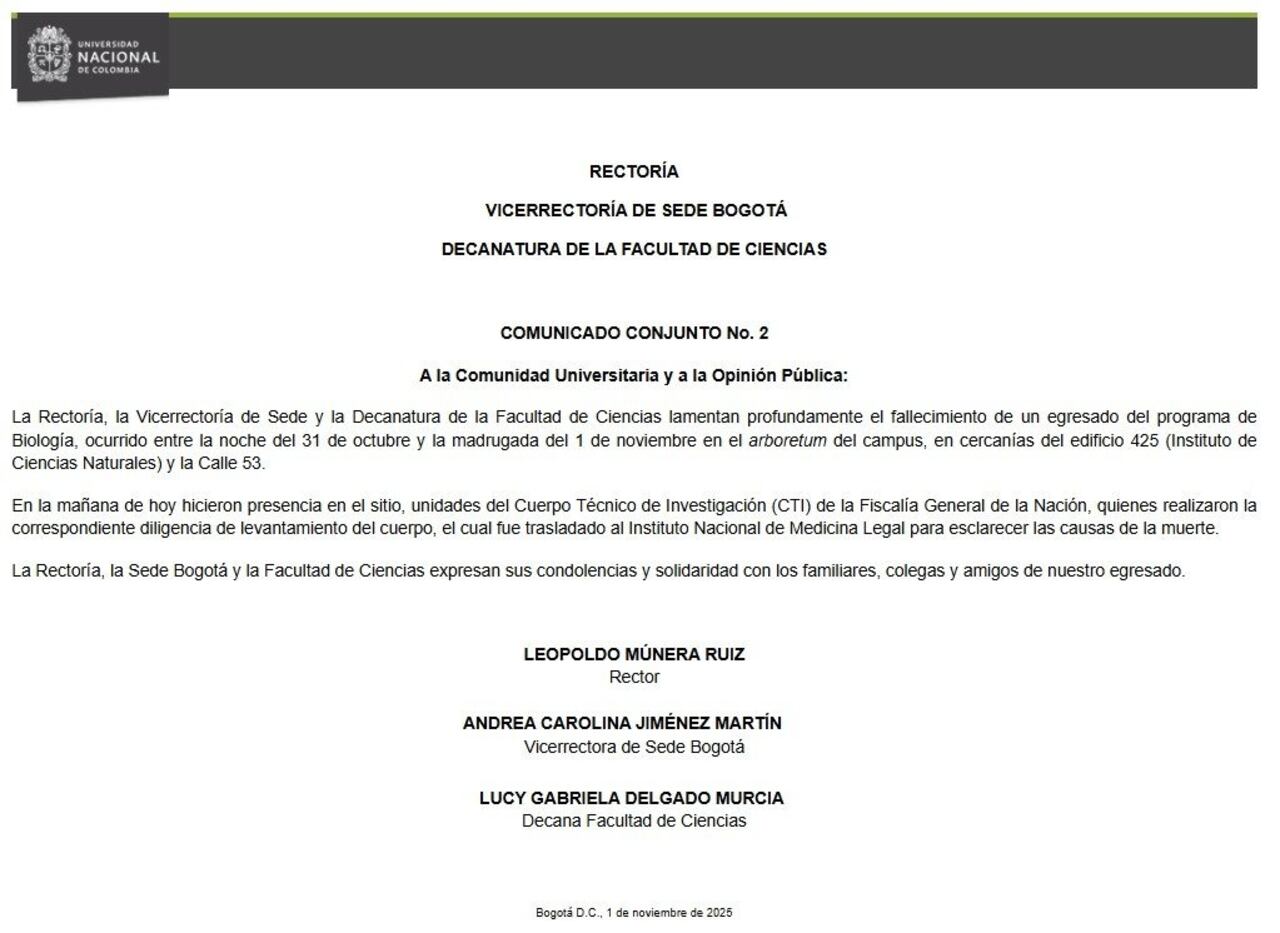 Comunicado de la Universidad Nacional.