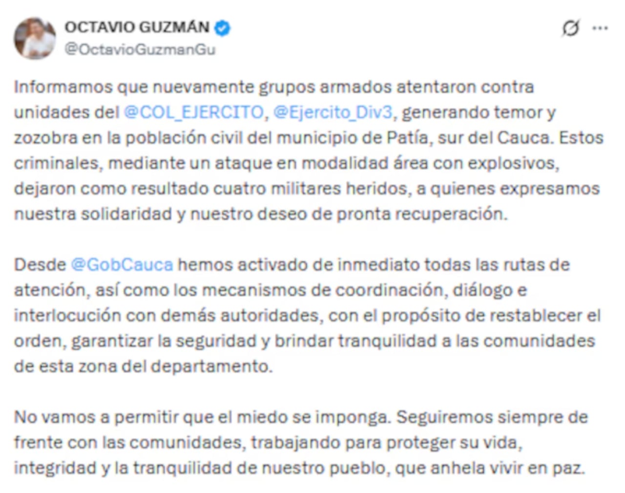 El gobernador Octavio Guzmán, a través de sus canales oficiales, expresó su profundo dolor por lo ocurrido en su municipio de origen.