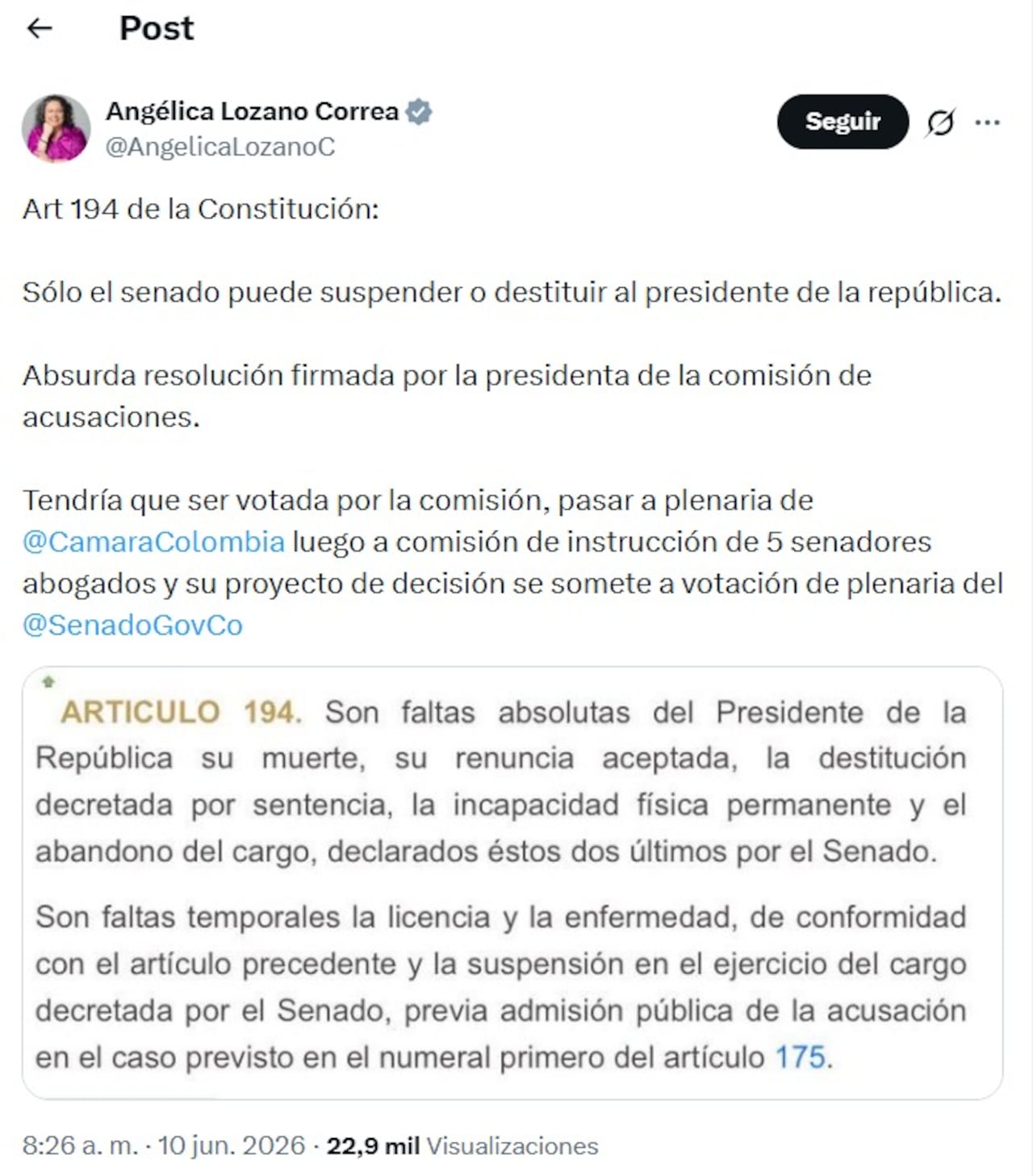 Angélica Lozano cuestionó suspensión de provisional de Petro.