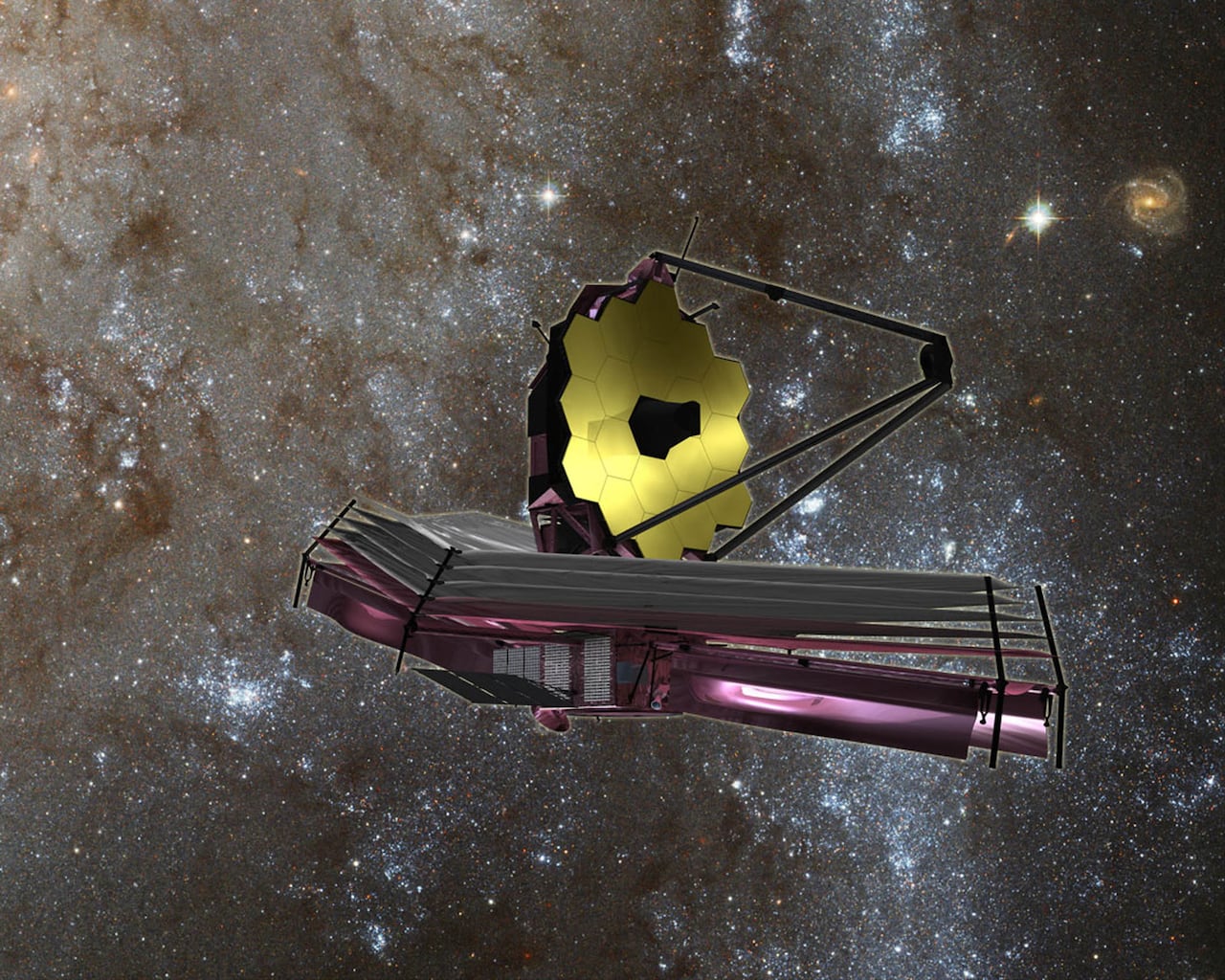 (Archivo) En esta foto de archivo tomada el 30 de agosto de 2007, la interpretación de este artista de la NASA muestra el Telescopio Espacial James Webb (JWST), un gran telescopio infrarrojo con un espejo primario de 6,5 metros. - Casi un mes después del lanzamiento, el Telescopio Espacial James Webb alcanzó su destino orbital a alrededor de un millón de millas (1,5 millones de kilómetros) de la Tierra.