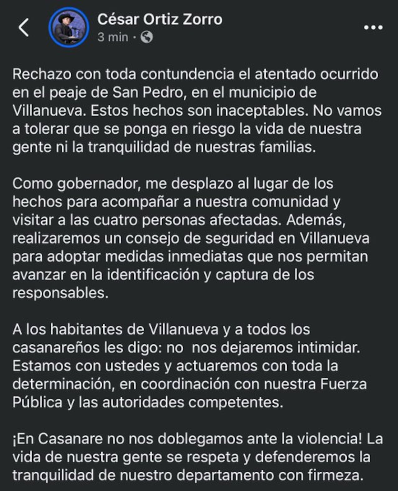 Gobernador de Casanare se pronuncia ante la explosión del carro bomba.