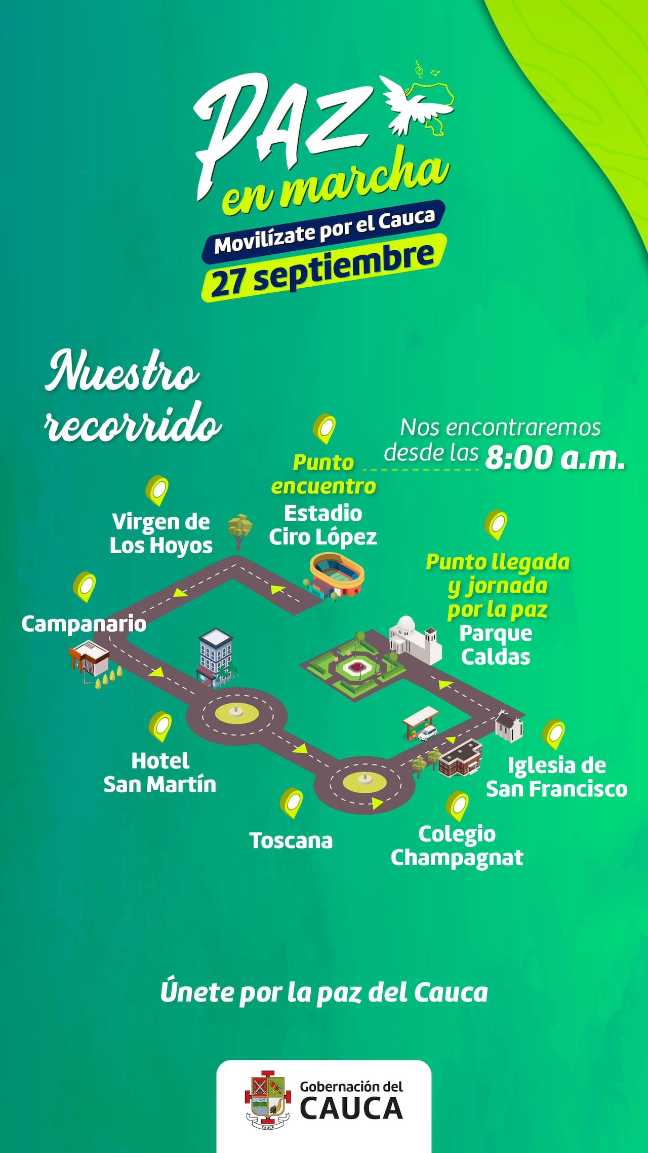 Este el recorrido programado para este viernes 27 de septiembre en Popayán en el marco de una marcha por la paz.