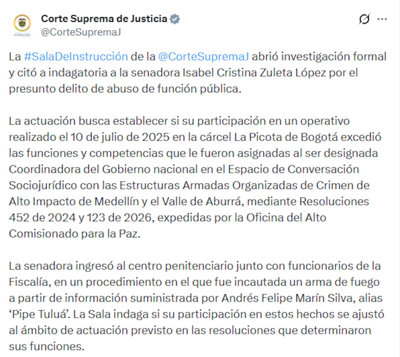 Este fue el comunicado de la Corte Suprema de Justicia en el que anunció la apertura de la investigación en contra de Isabel Zuleta.