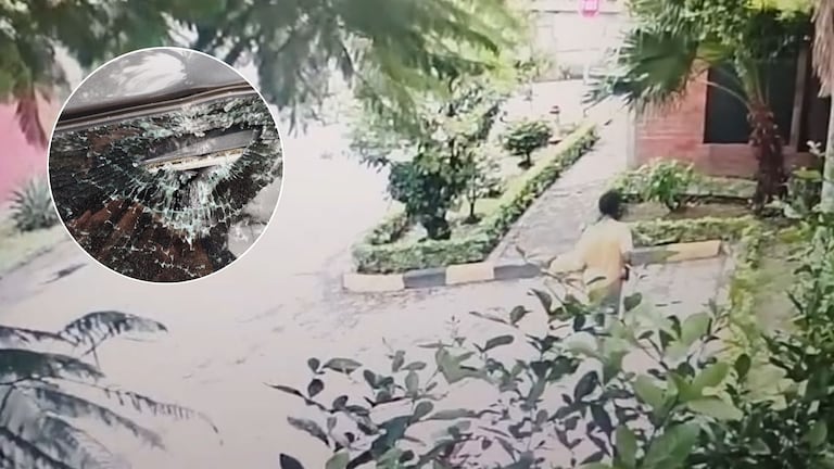 El video registra el momento en que una piedra impacta el vehículo de un residente que salía de su unidad residencial en Santa Anita.