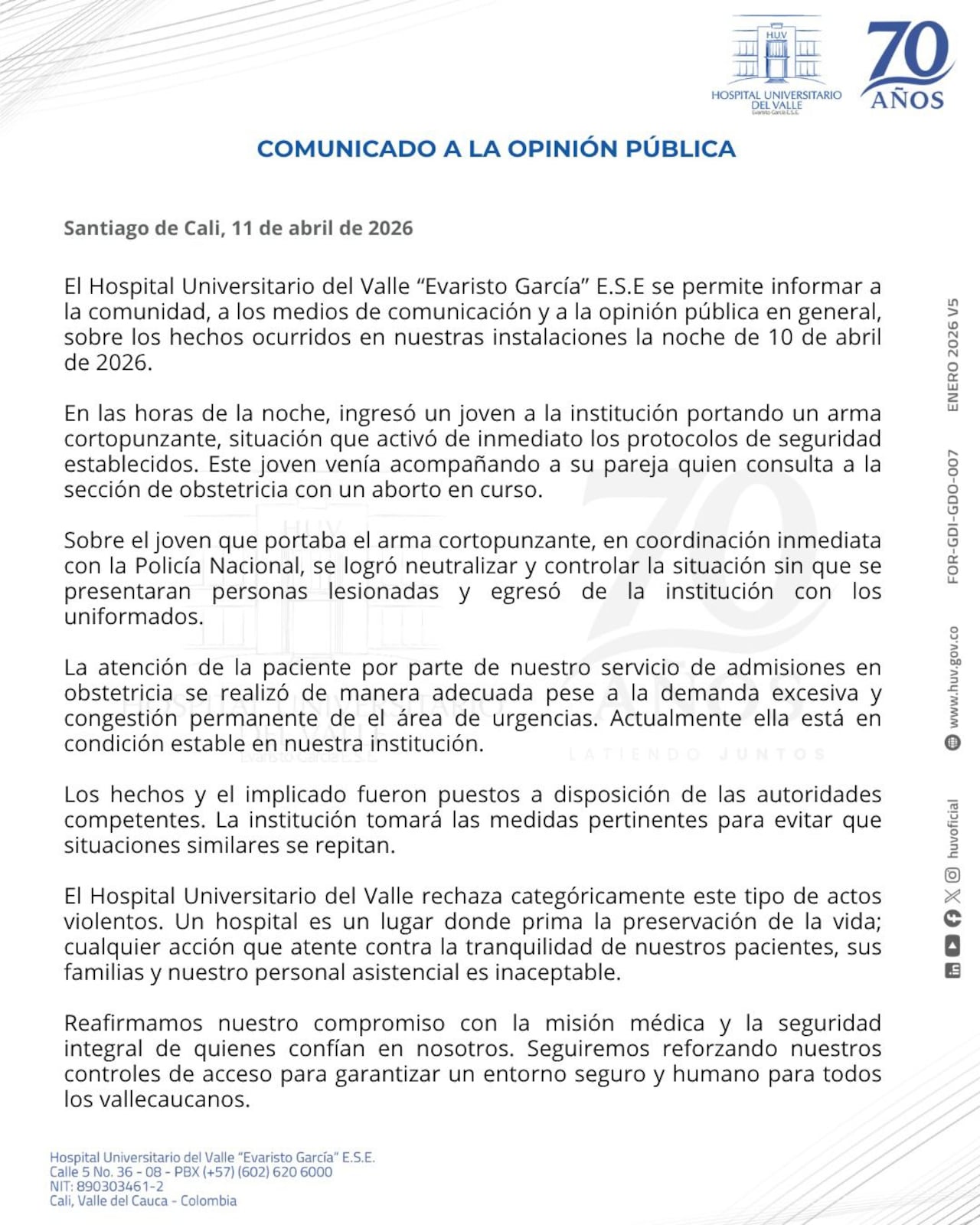 Hospital Universitario del Valle se pronuncia ante incidente con joven que presuntamente portaba un arma cortopunzante.