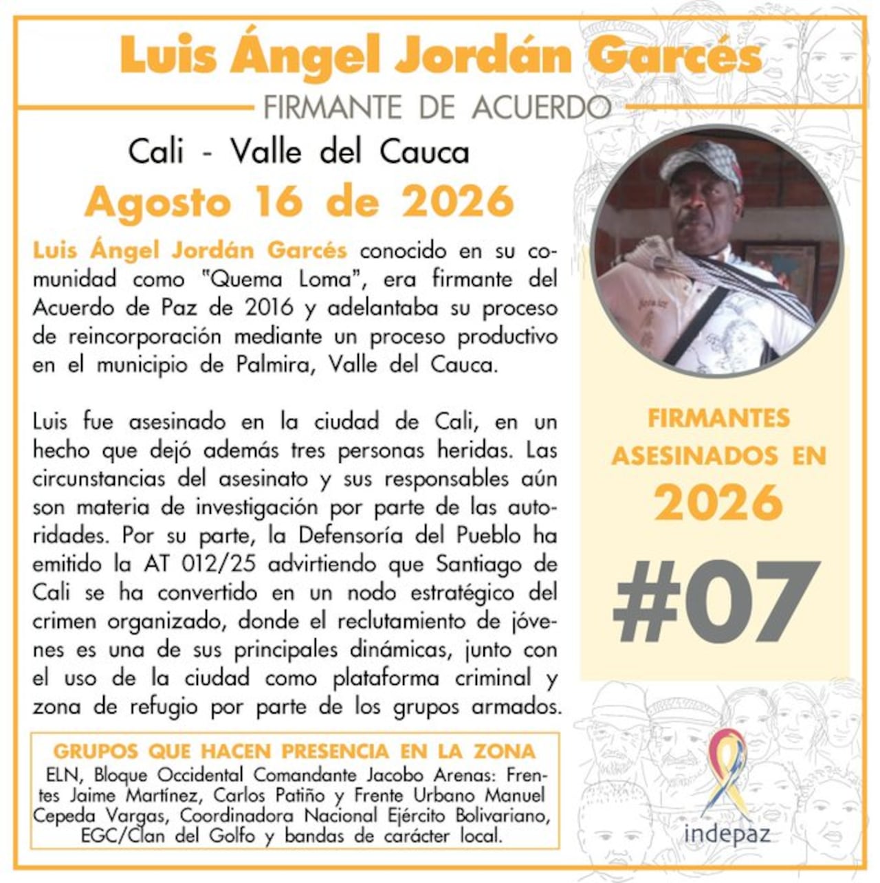 Luis Ángel Jordán Garcés fue asesinado en la ciudad de Cali, en un hecho que dejó además tres personas heridas.