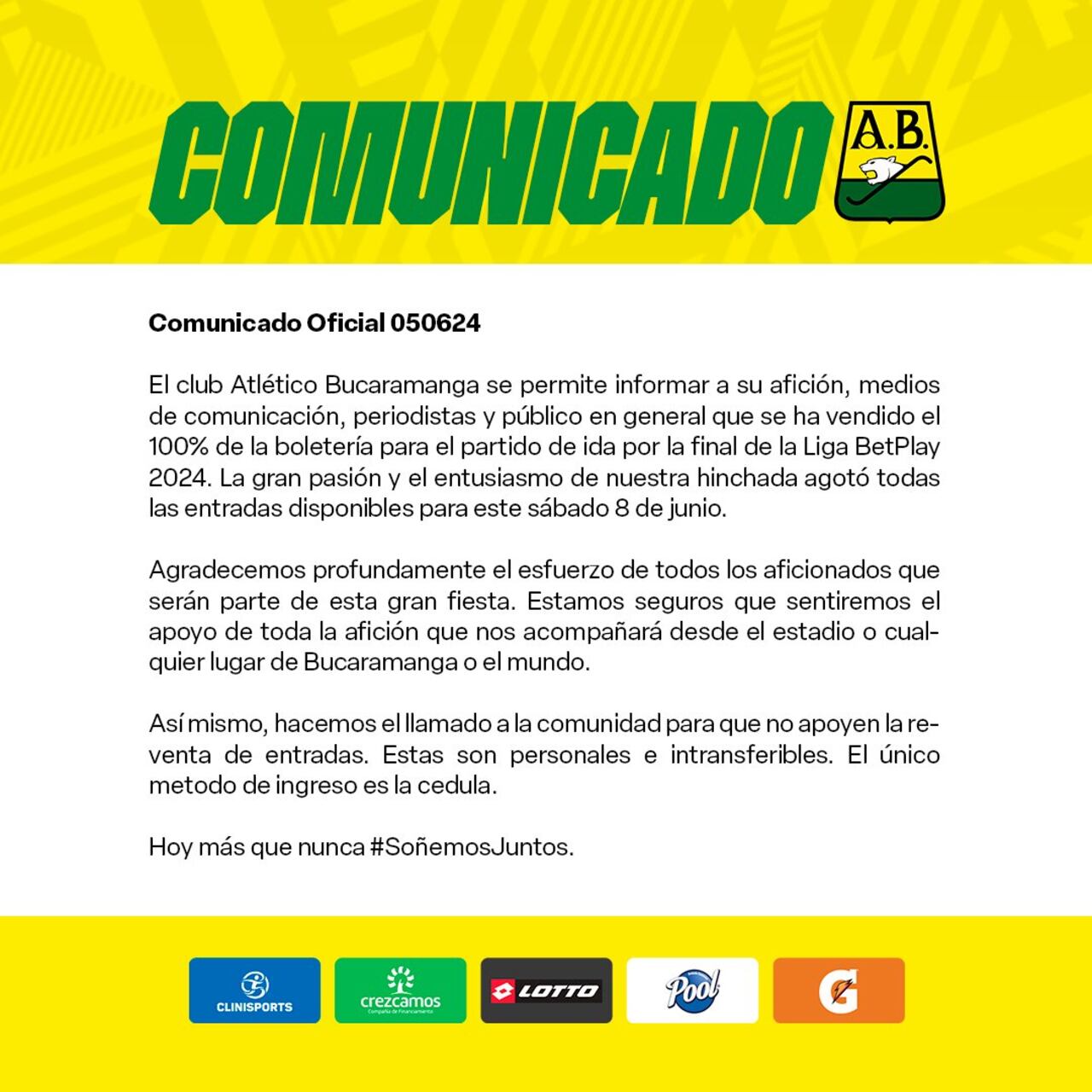 Comunicado oficial donde el Bucaramanga anuncia que se vendió el 100% de la boletería.