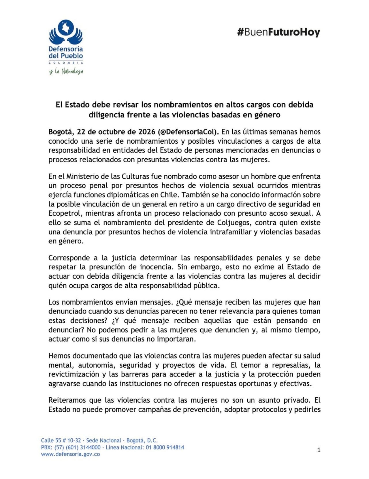 Defensoría del Pueblo advierte sobre el mensaje que envía el Estado al nombrar funcionarios denunciados por violencia contra mujeres